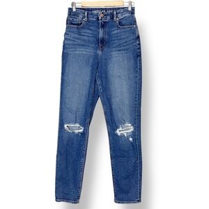 American Eagle Curvy Mom Jeans 4 X-LONG‎ High Waisted Ripped Blue Denim Stretch